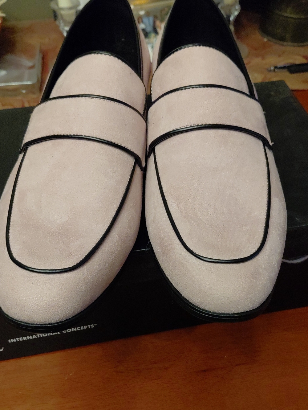 INC International Concepts Pale Pink Suede Loafers with Black Trim
